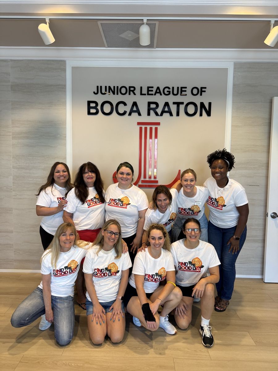 Brittanny (far right) with Junior League of Boca Raton members in matching Find the Good Day shirts